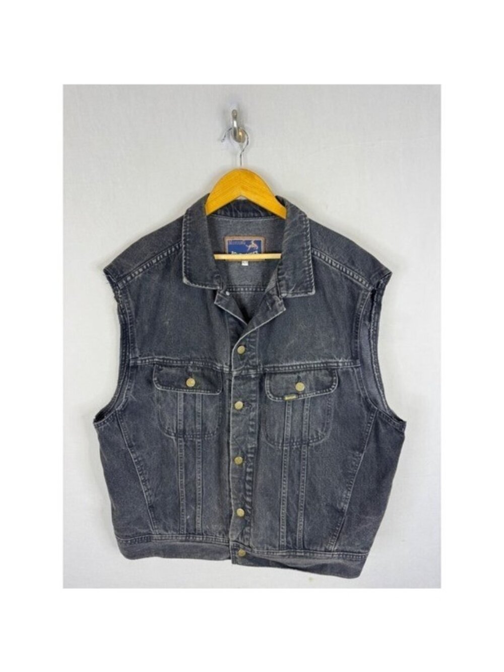 Vintage Mustang Roughrider Mens XL Black Denim Vest Biker Trucker Jacket